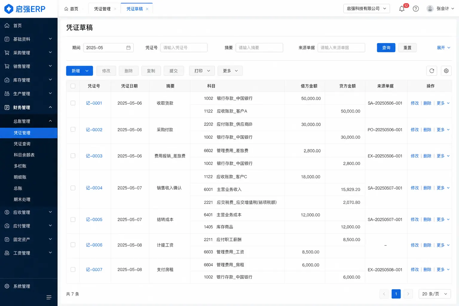 启强ERP凭证草稿界面